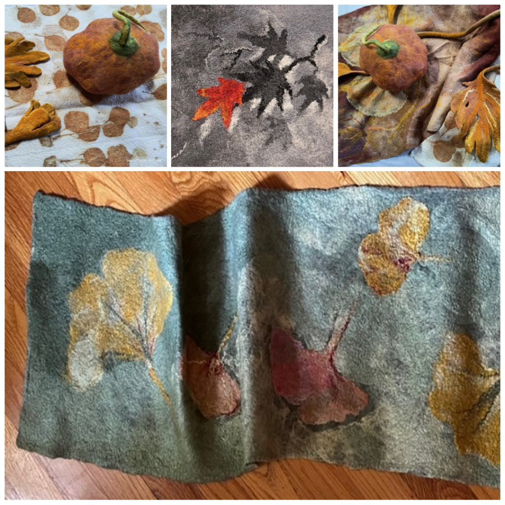Collage of felted scarf, table runner, and pumpkin