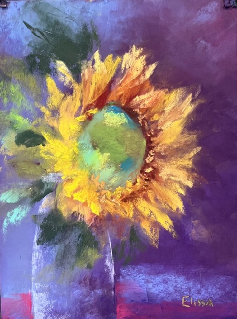 Pastel sunflower in purple vase against purple background by artist Elissa Goldberg