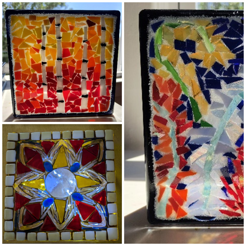 Collage of 3 mosaic lighted glass blocks