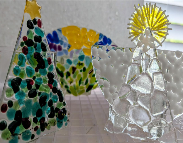 Fused glass Christmas tree and snow angle tea light holder