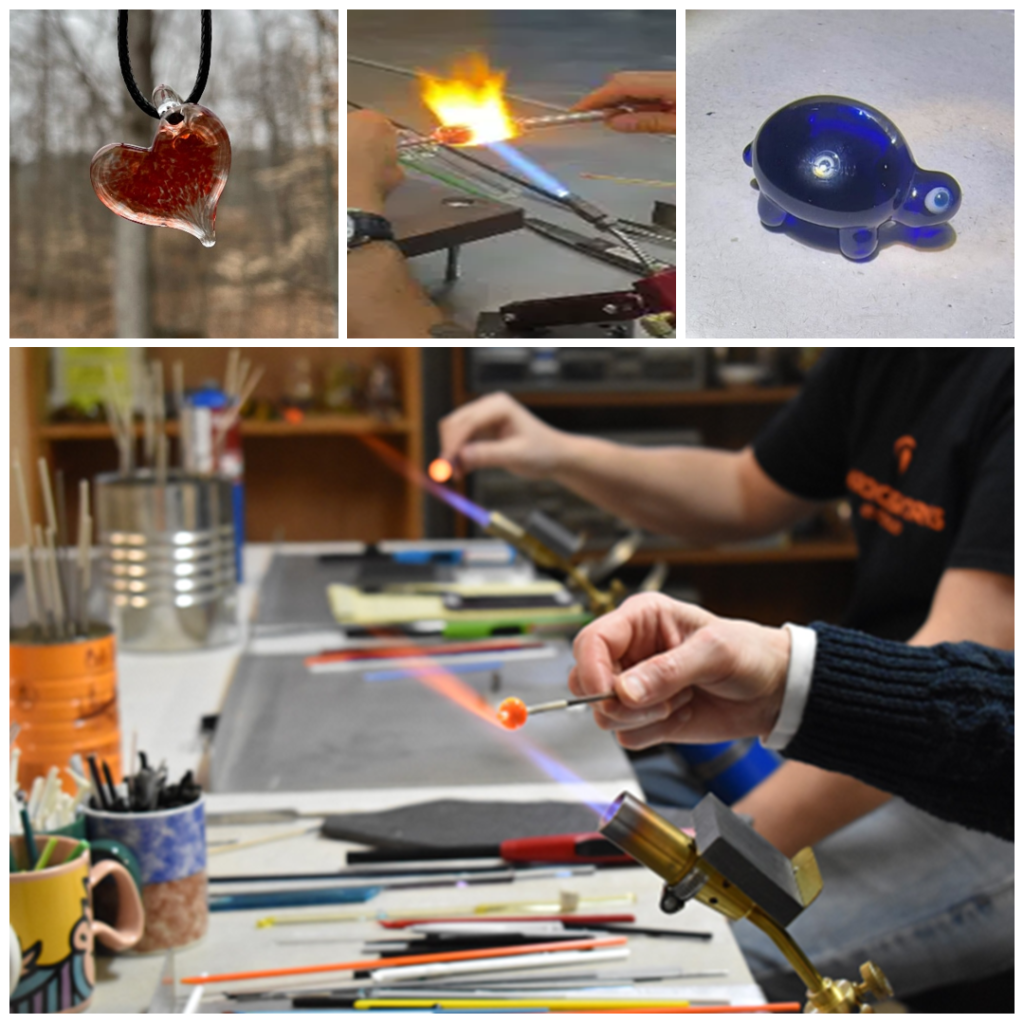 Collage of Flamework Glass Class, red glass heart pendant, and blue glass turtle
