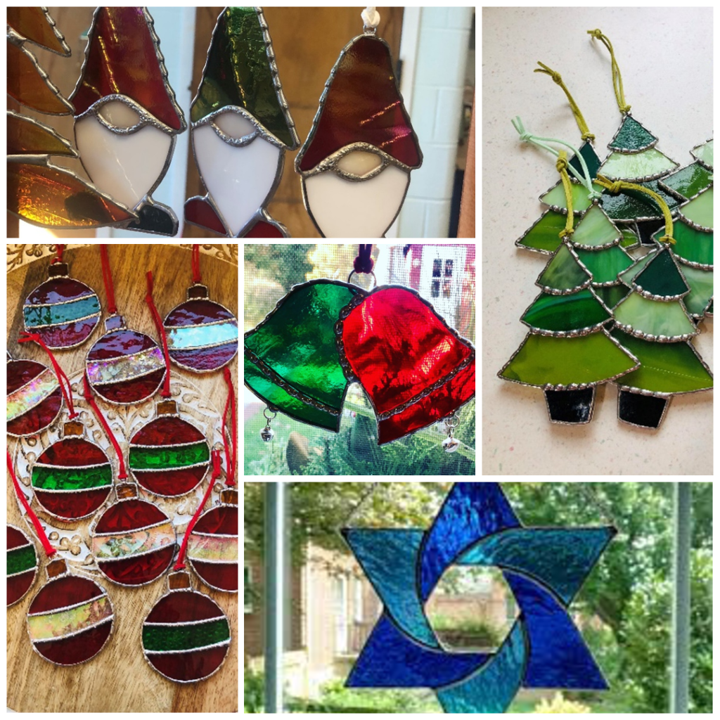 Collage of holiday ornaments including Santa, bells, Christmas trees, and star of David