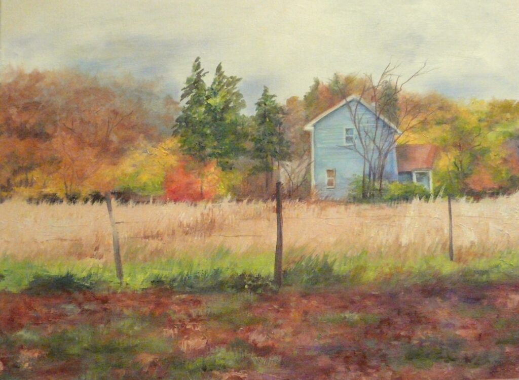 Oil painting of fall landscape with fence, blue house, and trees