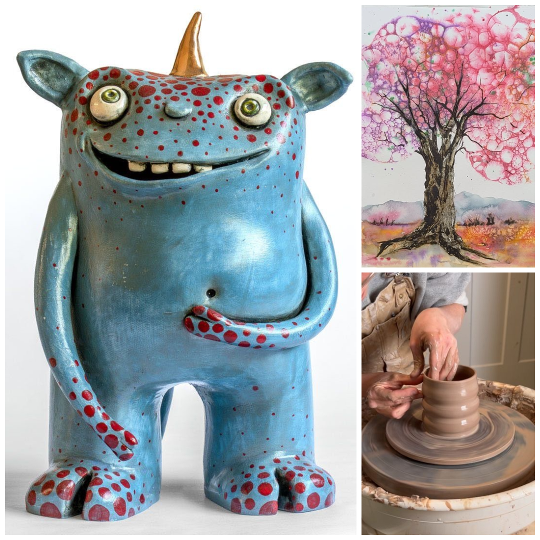Collage of ceramic blue monster, bubble paint tree print, and close up of hand throwing cup on wheel