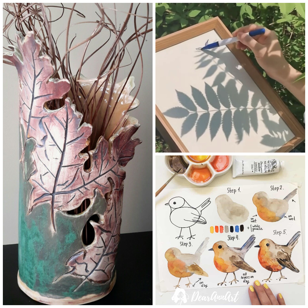 Collage of ceramic leaf vase, hand drawing leaf shadows, and watercolor of birds