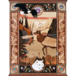 Wood inlayed panel of landscape with deer, wolf, and eagle
