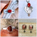 Collection of rings, necklace pendant, and earrings with red details