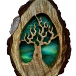 Wood panel with tree and green glass by artist Deb Becker