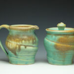 Green ceramic jug and pot with lid by artistJessica Greet