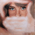 Painting of woman's face peeking through her hands